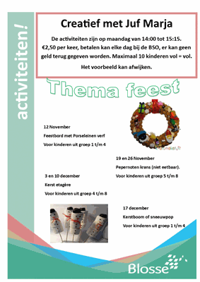 Flyer Blosse activiteiten creatief met Marja thema feest